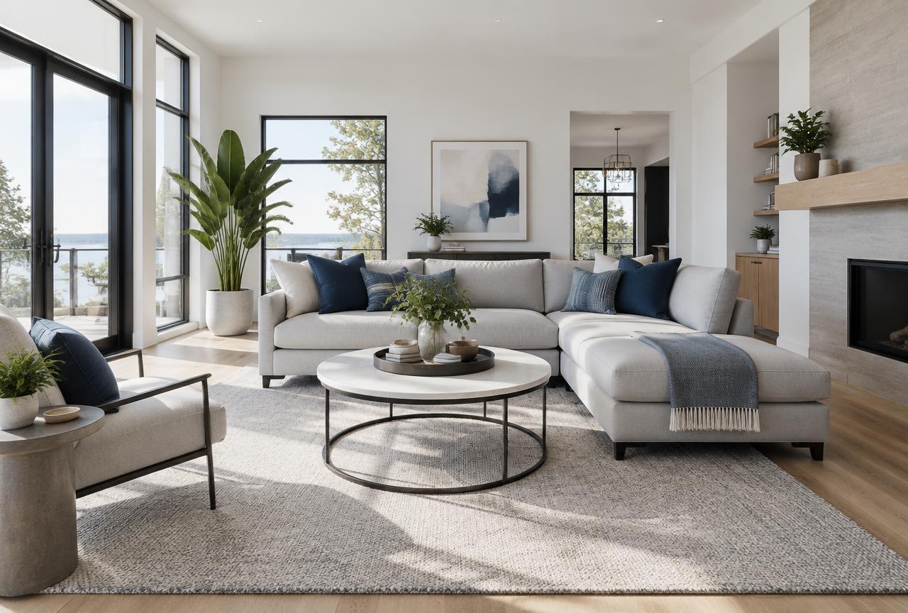 Spotless modern living room with a light sectional sofa and navy cushions